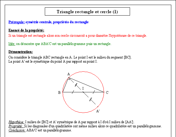 Démonstration de la propriété du cercle circonscrit à un triangle retangle - page 1