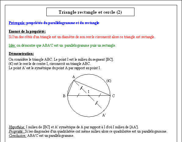 Démonstration de la propriété du triangle inscrit dans un demi cercle - page 1