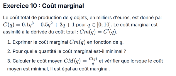 exercice sur Coût marginal