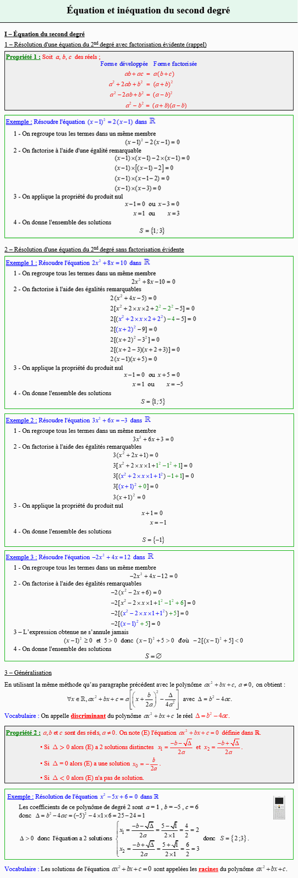 Option maths première - Equations du second degré