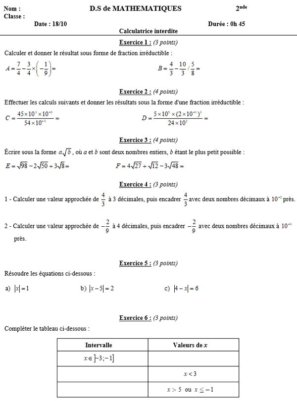 18/10 - fractions, encadrements, intervalles, racines carrées