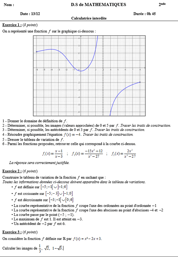 13/12 - fonctions, courbes et tableaux de variation