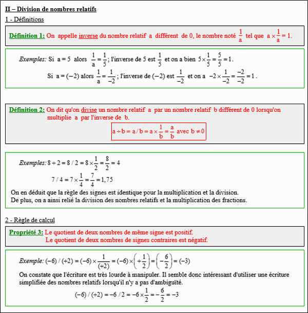 Maths quatrième - Division des nombres relatifs