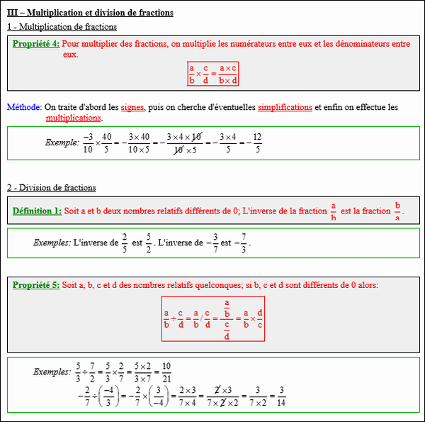 Maths quatrième - Multiplication et division des fractions