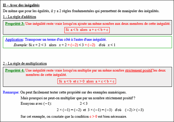 Maths quatrième - Règles de calcul pour les inégalités