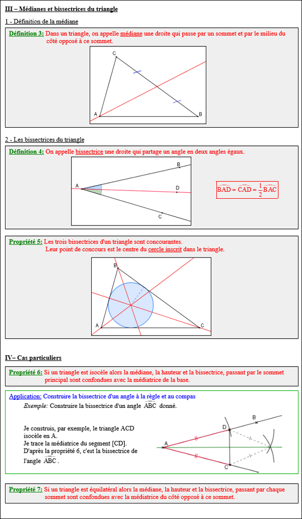 Maths quatrième - Médianes et bissectrices du triangle