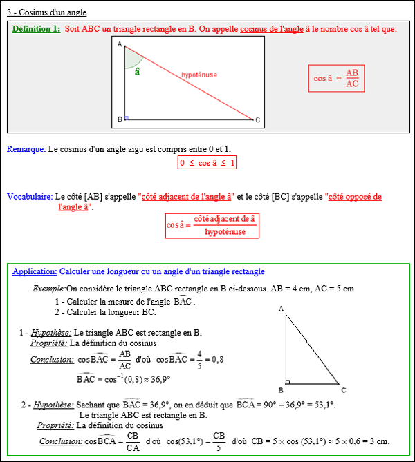 Maths quatrième - Cosinus d'un angle