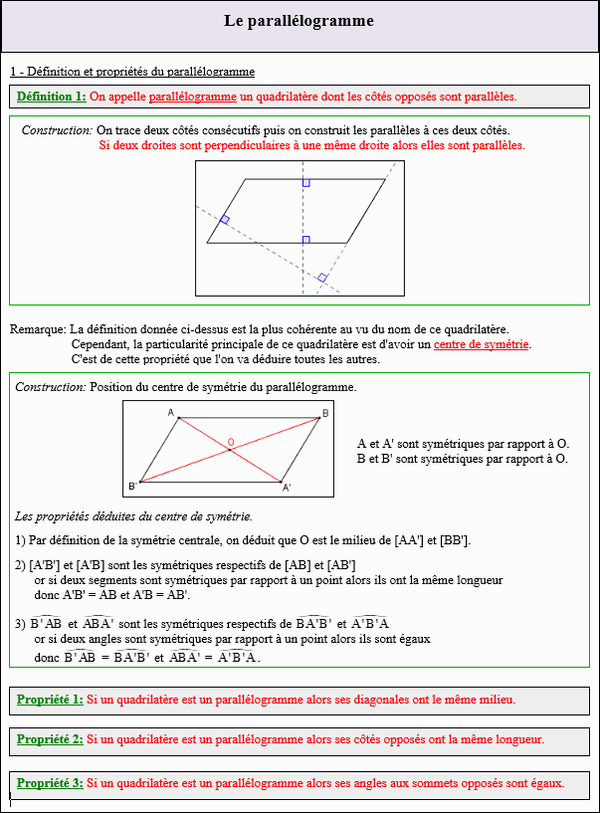 Maths cinquième - Définition et propriétés du parallélogramme