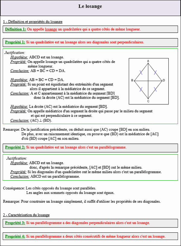 Maths cinquième - Définition et propriétés du losange