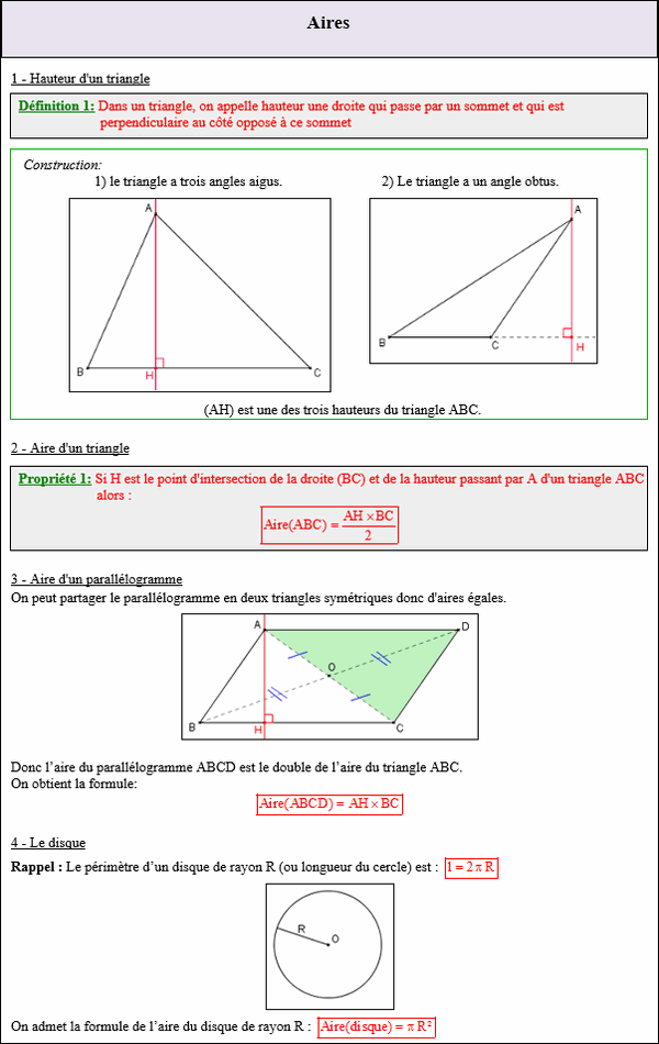 Maths cinquième - Hauteur et aire du triangle
