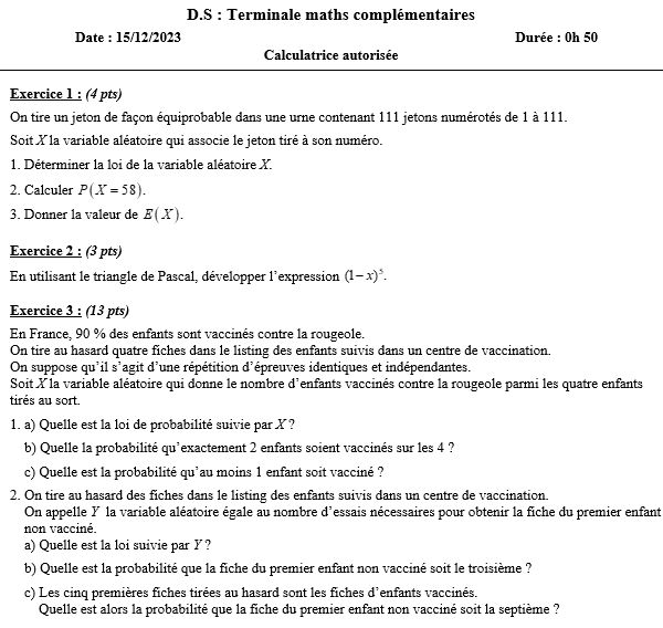 Probabilités discrètes : loi uniforme, loi binomiale et loi géométrique