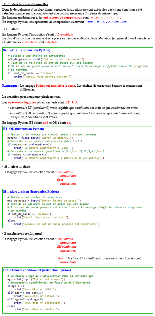Maths terminale complémentaire - Instructions conditionnelles : if, elif, else