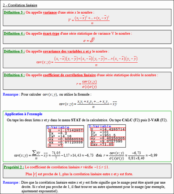 Maths terminale complémentaire - Covariance et corrélation linéaire