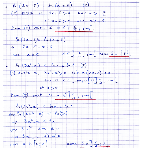 Corrigé exercice 5 sur la fonction logarithme