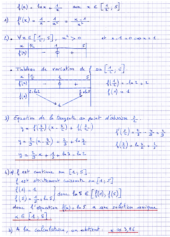 Corrigé exercice 6 sur la fonction logarithme