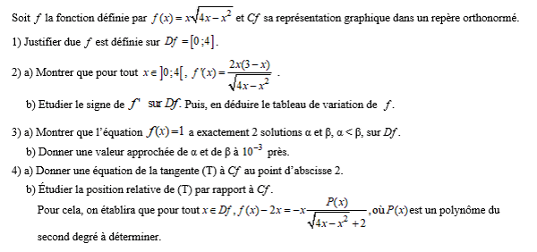 exercice sur Etude complète de fonction et tangente