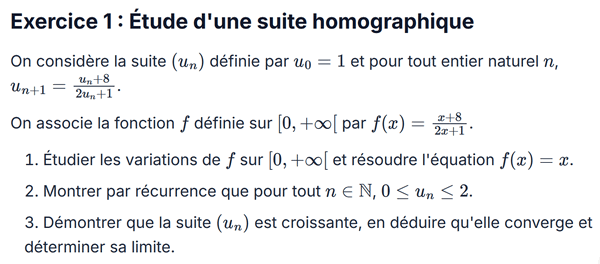 exercice sur Étude d'une suite homographique