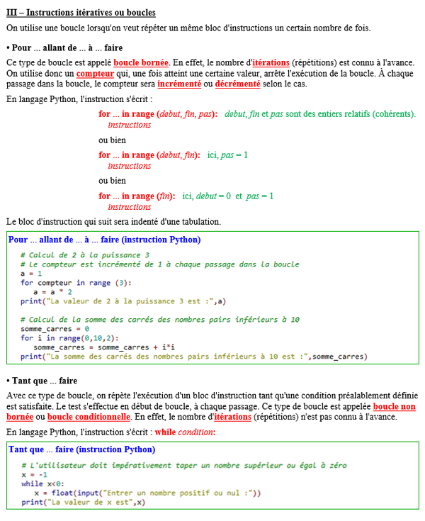 Maths terminale spécialité - Python 3 : instructions itératives for et while