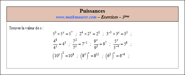 exercices corrigés sur les puissances en troisième